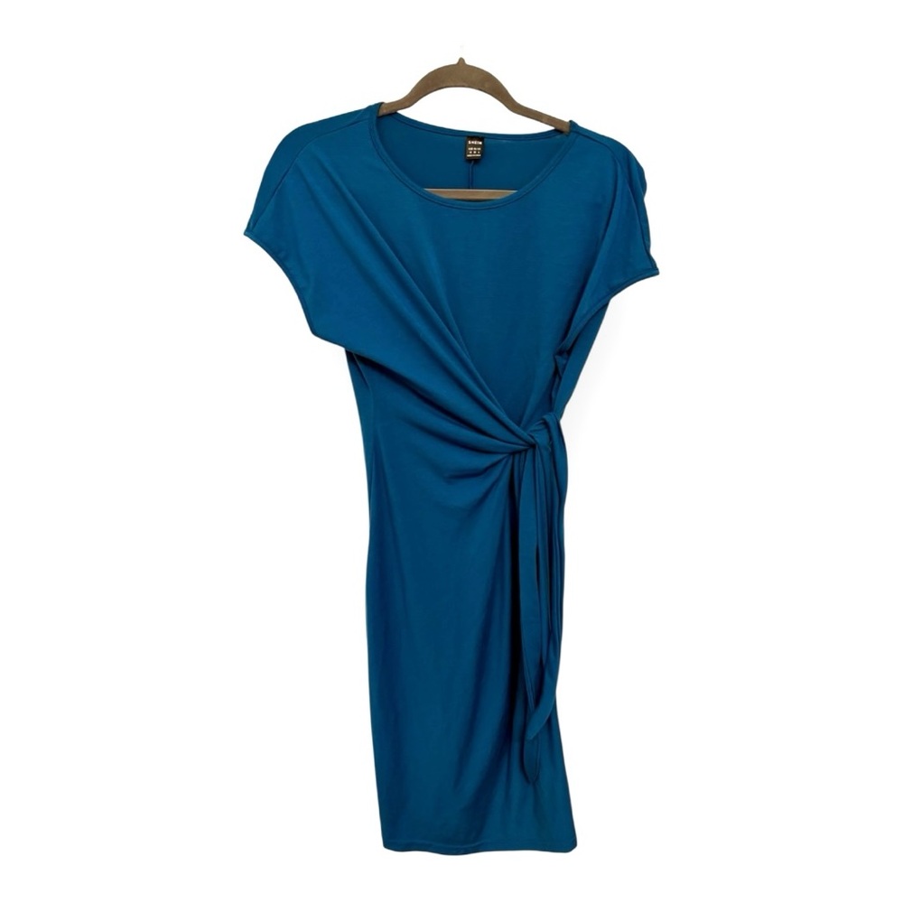 Blue Ruched Wrap Dress Midi Length Office Work Chic Minimalist Office Medium